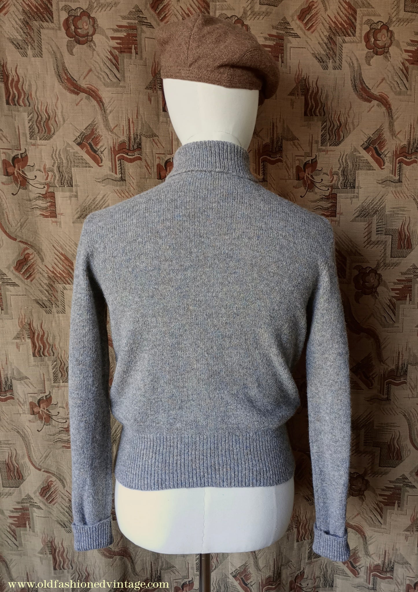 Old Fashioned Garments Vintage Reproduction 1930s 1940s Mens Roll Neck Jumper Heather Grey Marl Wool Polo Turtle Sweater S/M