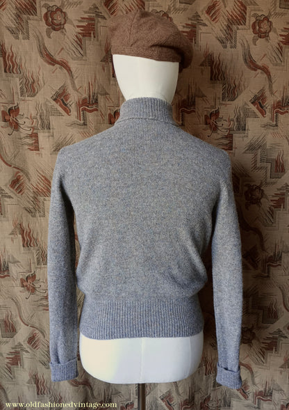 Old Fashioned Garments Vintage Reproduction 1930s 1940s Mens Roll Neck Jumper Heather Grey Marl Wool Polo Turtle Sweater S/M