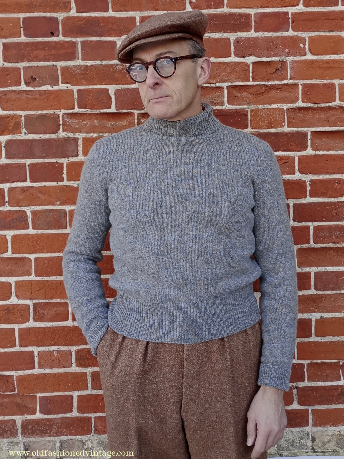 Old Fashioned Garments Vintage Reproduction 1930s 1940s Mens Roll Neck Jumper Heather Grey Marl Wool Polo Turtle Sweater S/M