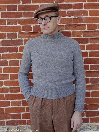 Old Fashioned Garments Vintage Reproduction 1930s 1940s Mens Roll Neck Jumper Heather Grey Marl Wool Polo Turtle Sweater S/M