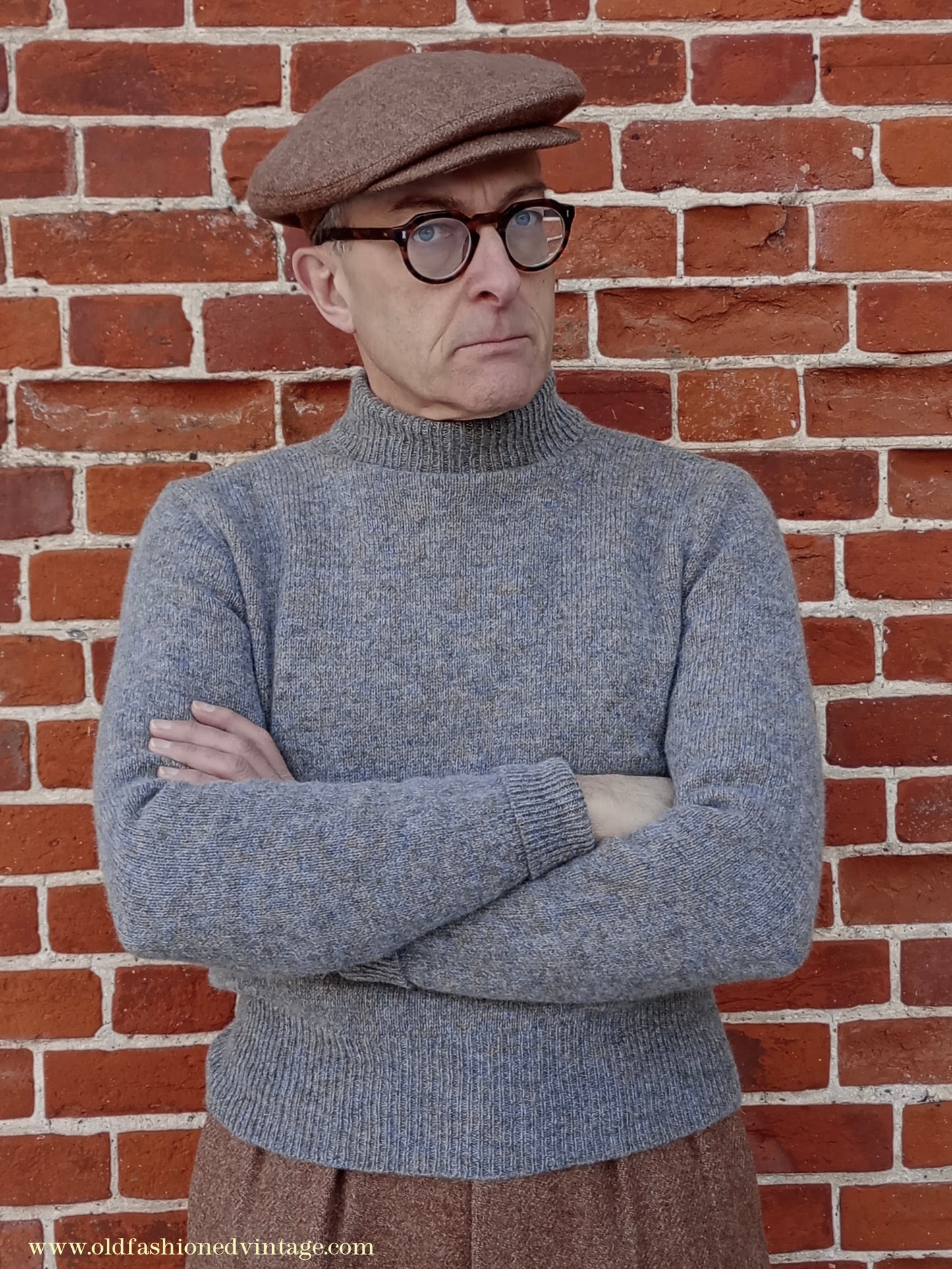 Old Fashioned Garments Vintage Reproduction 1930s 1940s Mens Roll Neck Jumper Heather Grey Marl Wool Polo Turtle Sweater S/M