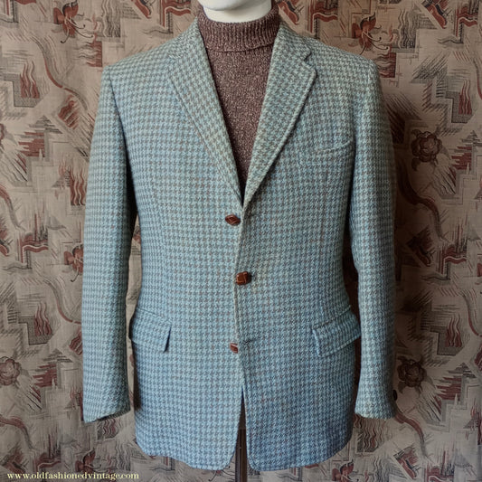 Vintage Mens 1950s John Collier Harris Tweed Sports Jacket Sage Green Brown Houndstooth Shepherd Check 38"