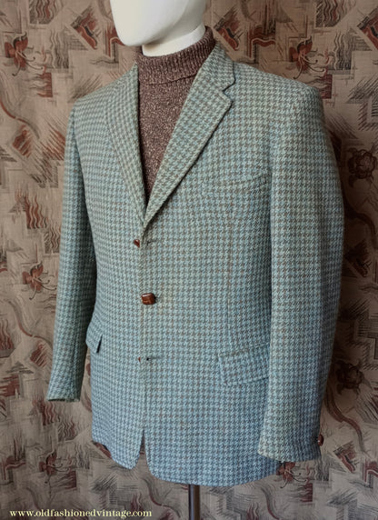 Vintage Mens 1950s John Collier Harris Tweed Sports Jacket Sage Green Brown Houndstooth Shepherd Check 38"