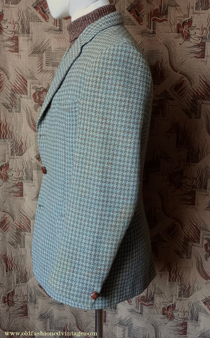 Vintage Mens 1950s John Collier Harris Tweed Sports Jacket Sage Green Brown Houndstooth Shepherd Check 38"