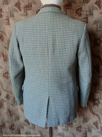 Vintage Mens 1950s John Collier Harris Tweed Sports Jacket Sage Green Brown Houndstooth Shepherd Check 38"