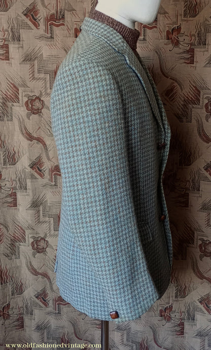 Vintage Mens 1950s John Collier Harris Tweed Sports Jacket Sage Green Brown Houndstooth Shepherd Check 38"