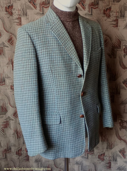 Vintage Mens 1950s John Collier Harris Tweed Sports Jacket Sage Green Brown Houndstooth Shepherd Check 38"
