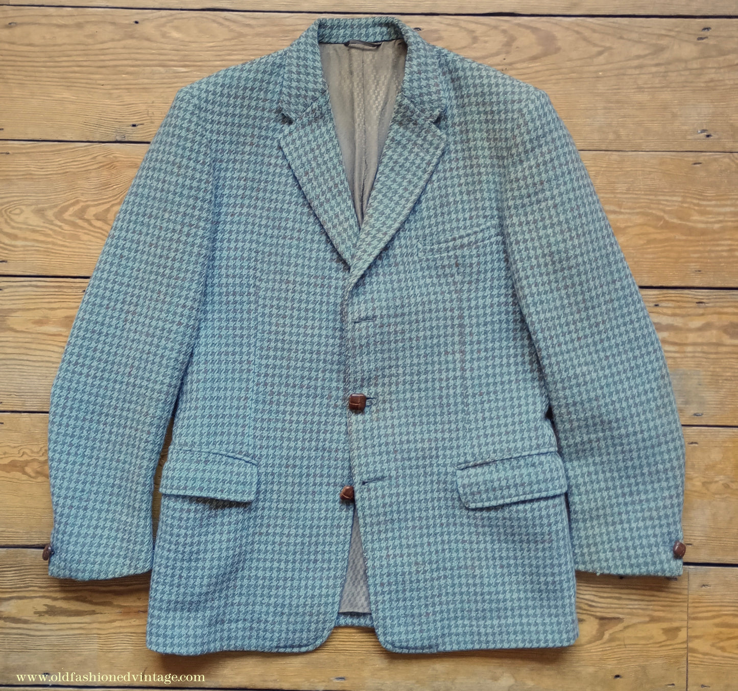 Vintage Mens 1950s John Collier Harris Tweed Sports Jacket Sage Green Brown Houndstooth Shepherd Check 38"