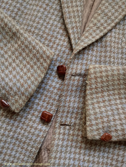 Vintage Mens 1950s John Collier Harris Tweed Sports Jacket Sage Green Brown Houndstooth Shepherd Check 38"