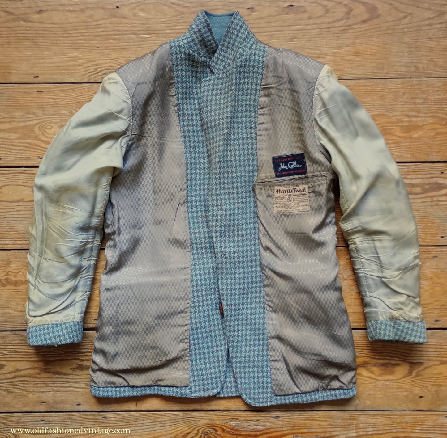Vintage Mens 1950s John Collier Harris Tweed Sports Jacket Sage Green Brown Houndstooth Shepherd Check 38"