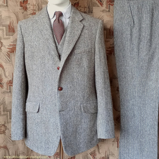 Vintage Mens 1960s Alexandre Harris Tweed 3 Piece Suit Brown Oatmeal Herringbone Wool 40" Long