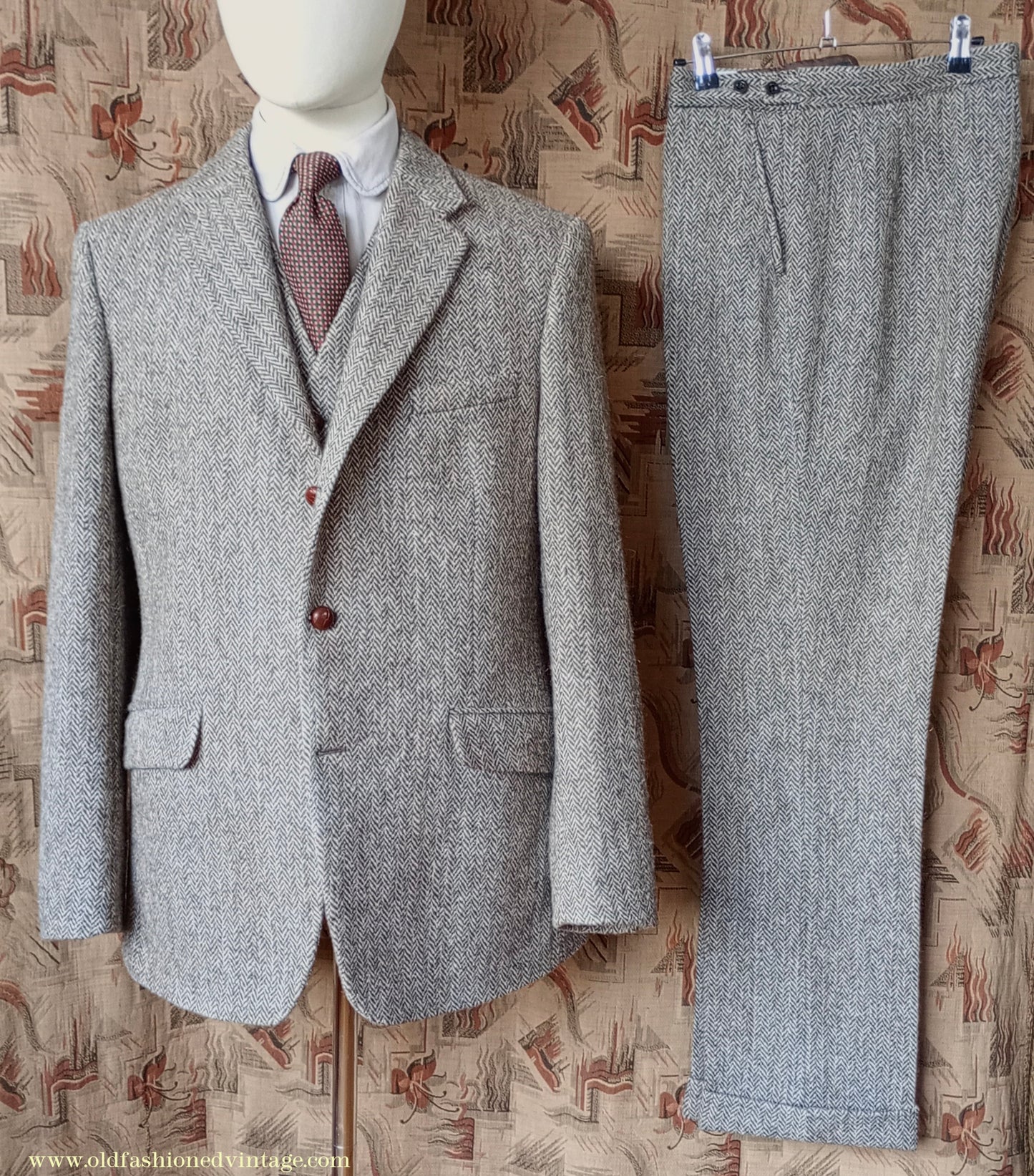 Vintage Mens 1960s Alexandre Harris Tweed 3 Piece Suit Brown Oatmeal Herringbone Wool 40" Long