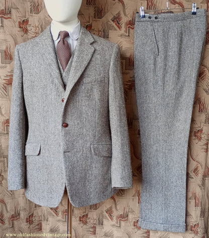Vintage Mens 1960s Alexandre Harris Tweed 3 Piece Suit Brown Oatmeal Herringbone Wool 40" Long