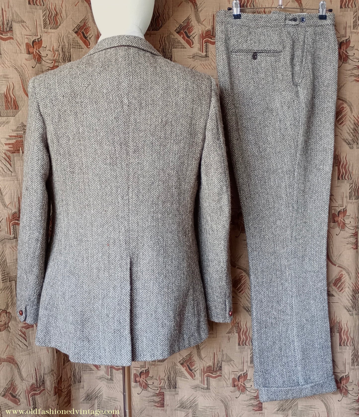 Vintage Mens 1960s Alexandre Harris Tweed 3 Piece Suit Brown Oatmeal Herringbone Wool 40" Long
