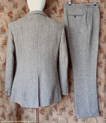 Vintage Mens 1960s Alexandre Harris Tweed 3 Piece Suit Brown Oatmeal Herringbone Wool 40" Long