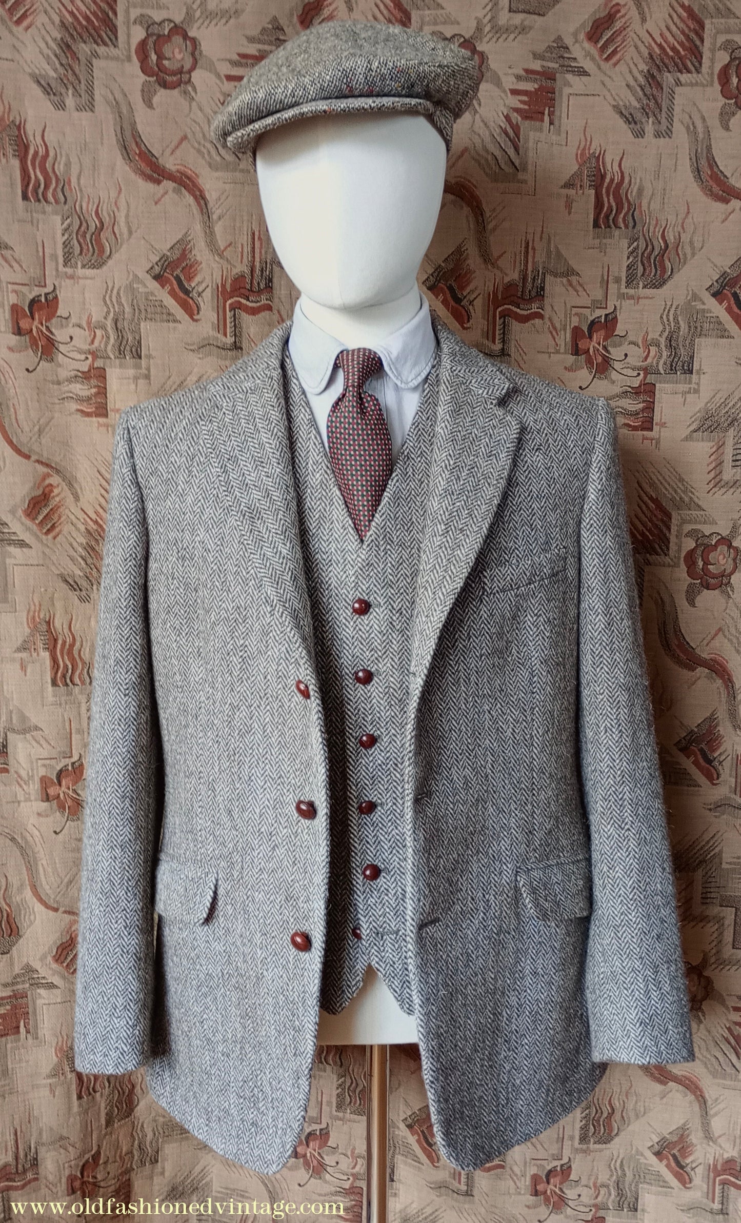 Vintage Mens 1960s Alexandre Harris Tweed 3 Piece Suit Brown Oatmeal Herringbone Wool 40" Long
