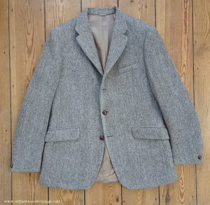 Vintage Mens 1960s Alexandre Harris Tweed 3 Piece Suit Brown Oatmeal Herringbone Wool 40" Long