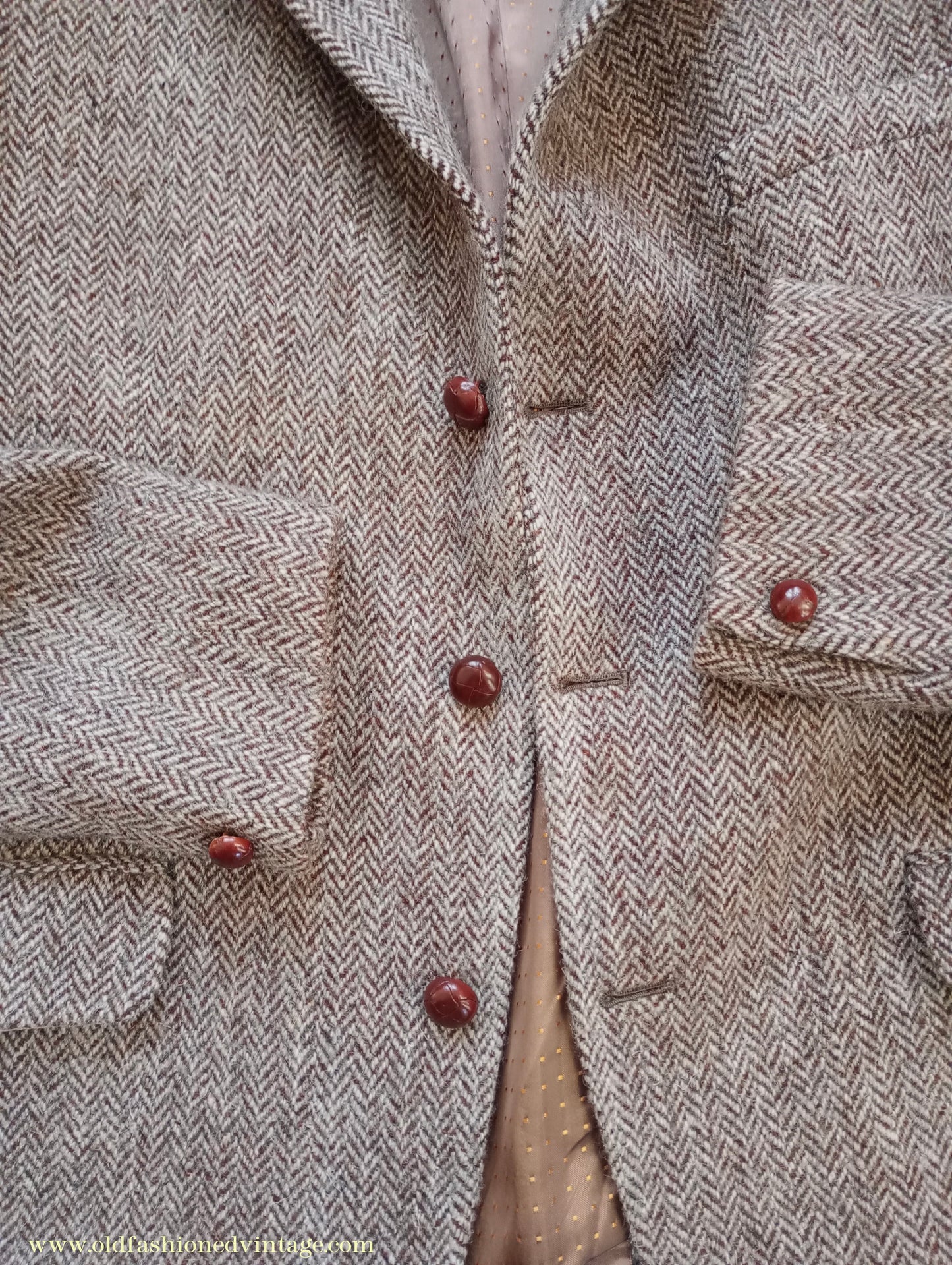 Vintage Mens 1960s Alexandre Harris Tweed 3 Piece Suit Brown Oatmeal Herringbone Wool 40" Long