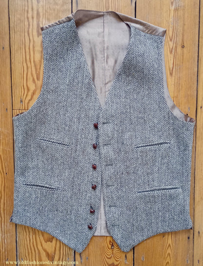 Vintage Mens 1960s Alexandre Harris Tweed 3 Piece Suit Brown Oatmeal Herringbone Wool 40" Long
