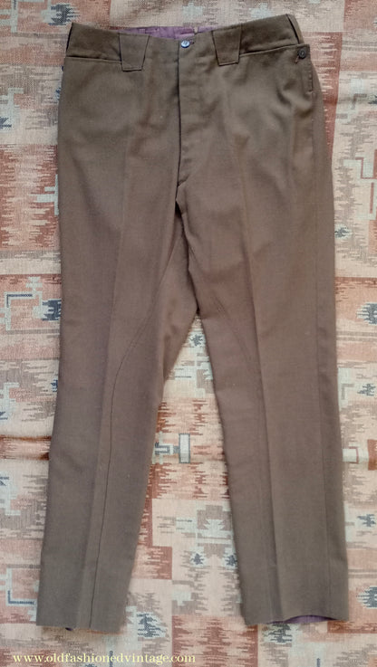Vintage Mens 1950s Italian Riding Trousers Brown Wool Equestrian Ranch Pants 34" Long