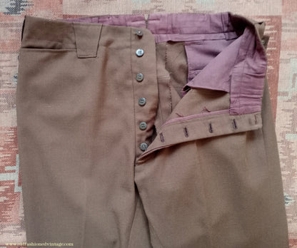 Vintage Mens 1950s Italian Riding Trousers Brown Wool Equestrian Ranch Pants 34" Long