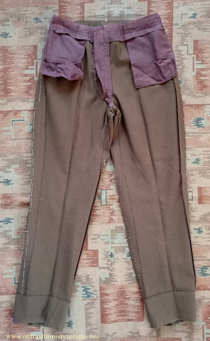 Vintage Mens 1950s Italian Riding Trousers Brown Wool Equestrian Ranch Pants 34" Long