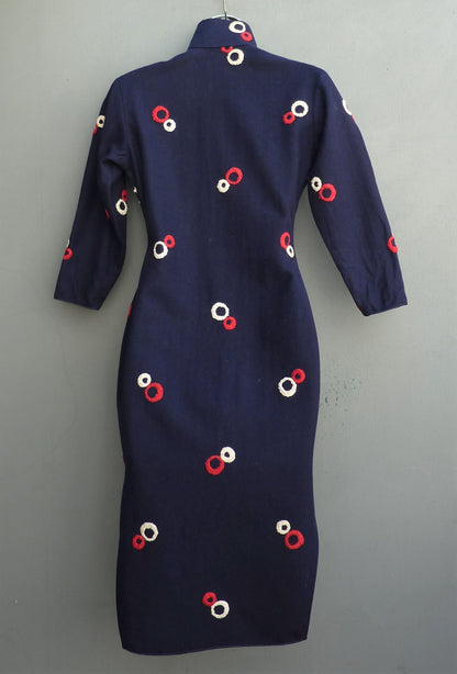 Rare Vintage 1940s Oriental Cheongsam Dress Blue Geometric Wool Qipao UK XS