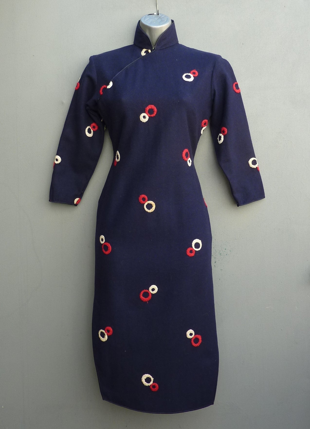 Rare Vintage 1940s Oriental Cheongsam Dress Blue Geometric Wool Qipao UK XS