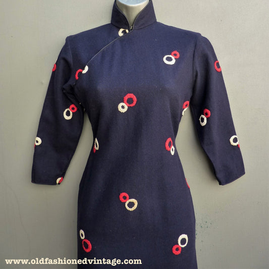 Rare Vintage 1940s Oriental Cheongsam Dress Blue Geometric Wool Qipao UK XS