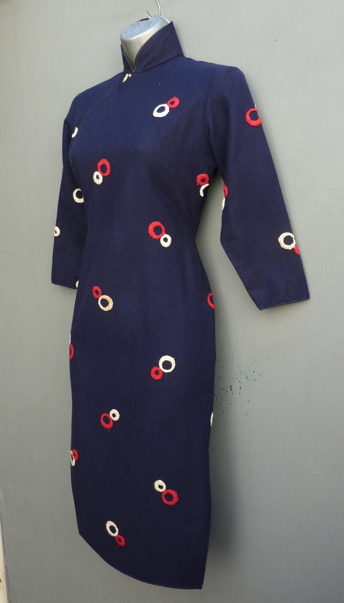 Rare Vintage 1940s Oriental Cheongsam Dress Blue Geometric Wool Qipao UK XS