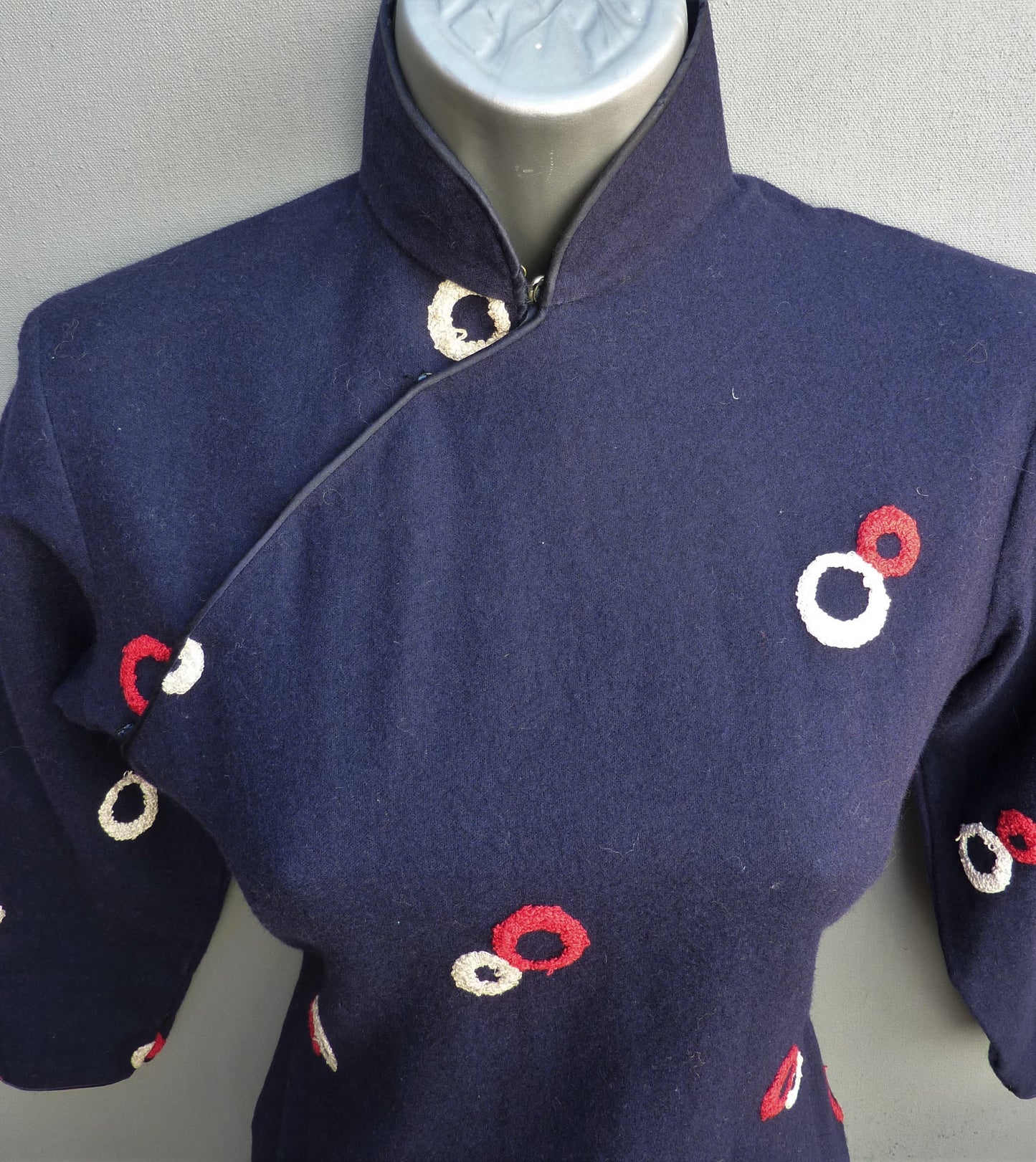 Rare Vintage 1940s Oriental Cheongsam Dress Blue Geometric Wool Qipao UK XS