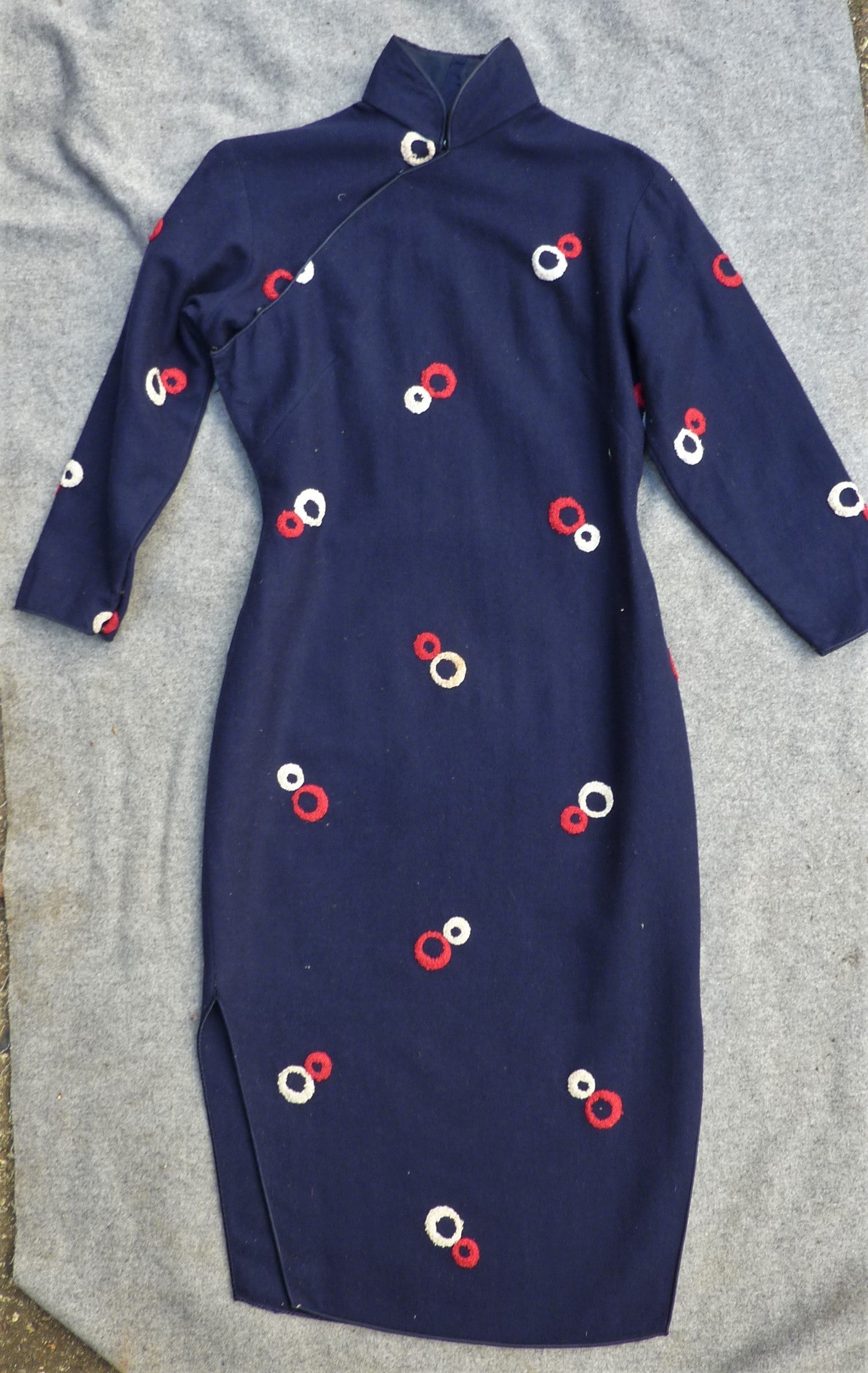 Rare Vintage 1940s Oriental Cheongsam Dress Blue Geometric Wool Qipao UK XS