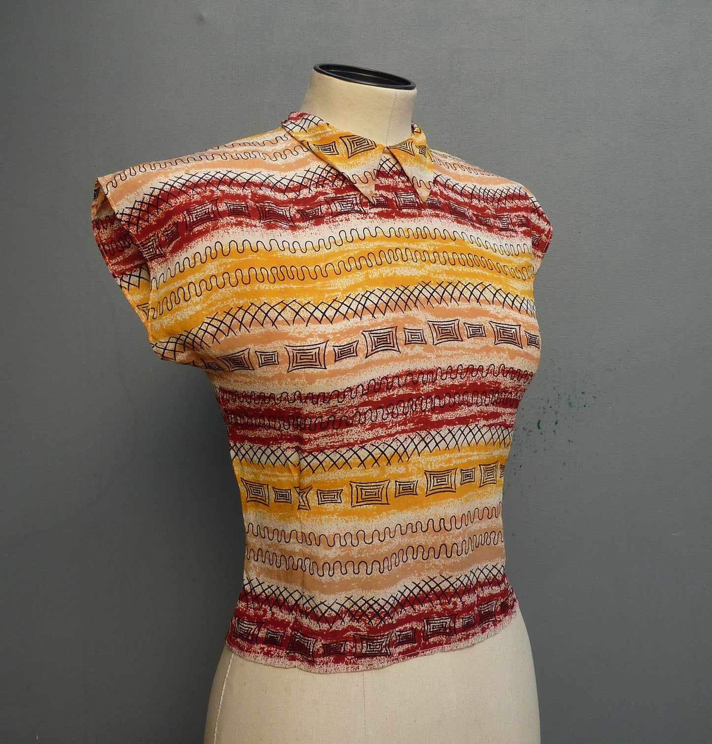 Vintage 1950s Novelty Geometric Print Silk Dolman Blouse Geometric UK XS