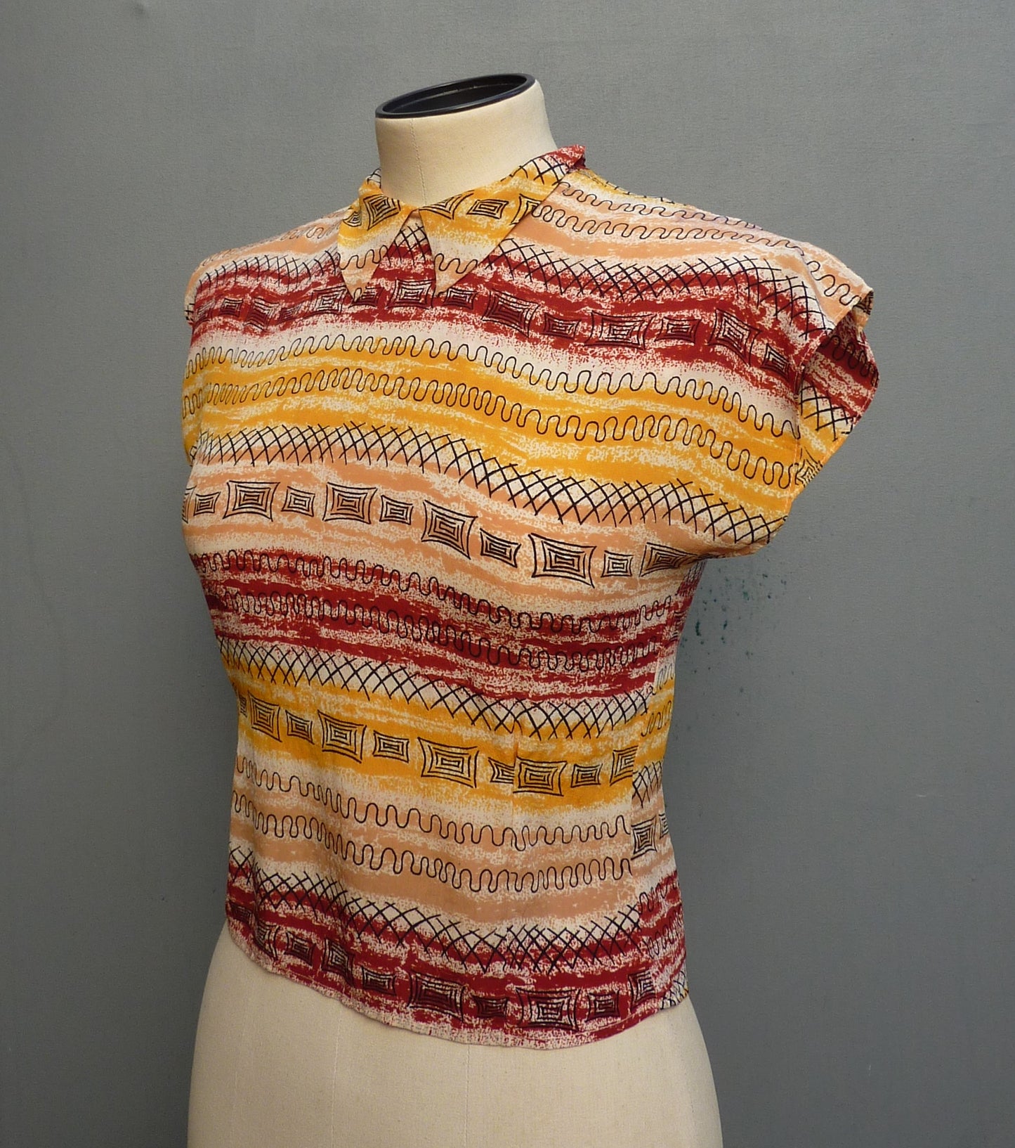 Vintage 1950s Novelty Geometric Print Silk Dolman Blouse Geometric UK XS