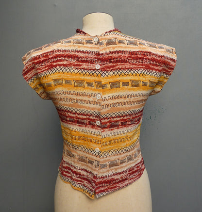 Vintage 1950s Novelty Geometric Print Silk Dolman Blouse Geometric UK XS