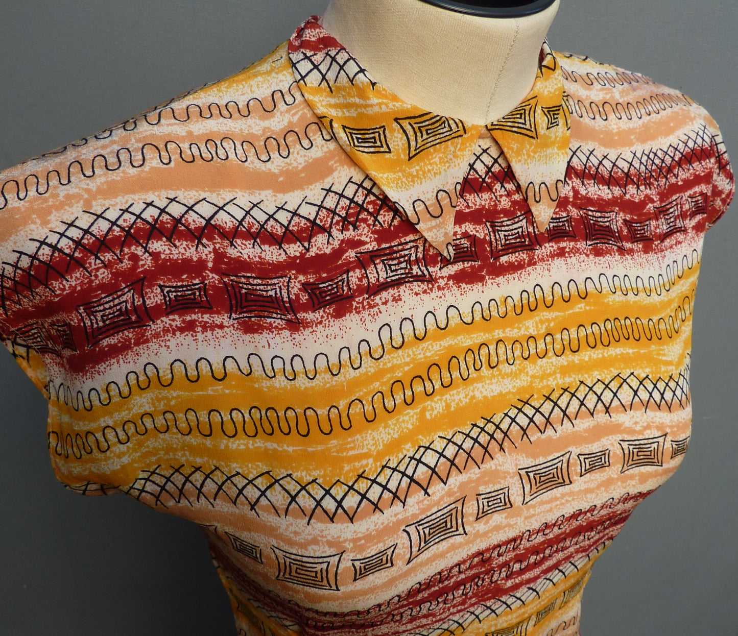 Vintage 1950s Novelty Geometric Print Silk Dolman Blouse Geometric UK XS