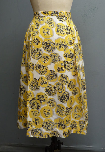 Original Vintage 1940s 2 Piece Top Skirt Bold Yellow Novelty Print UK S