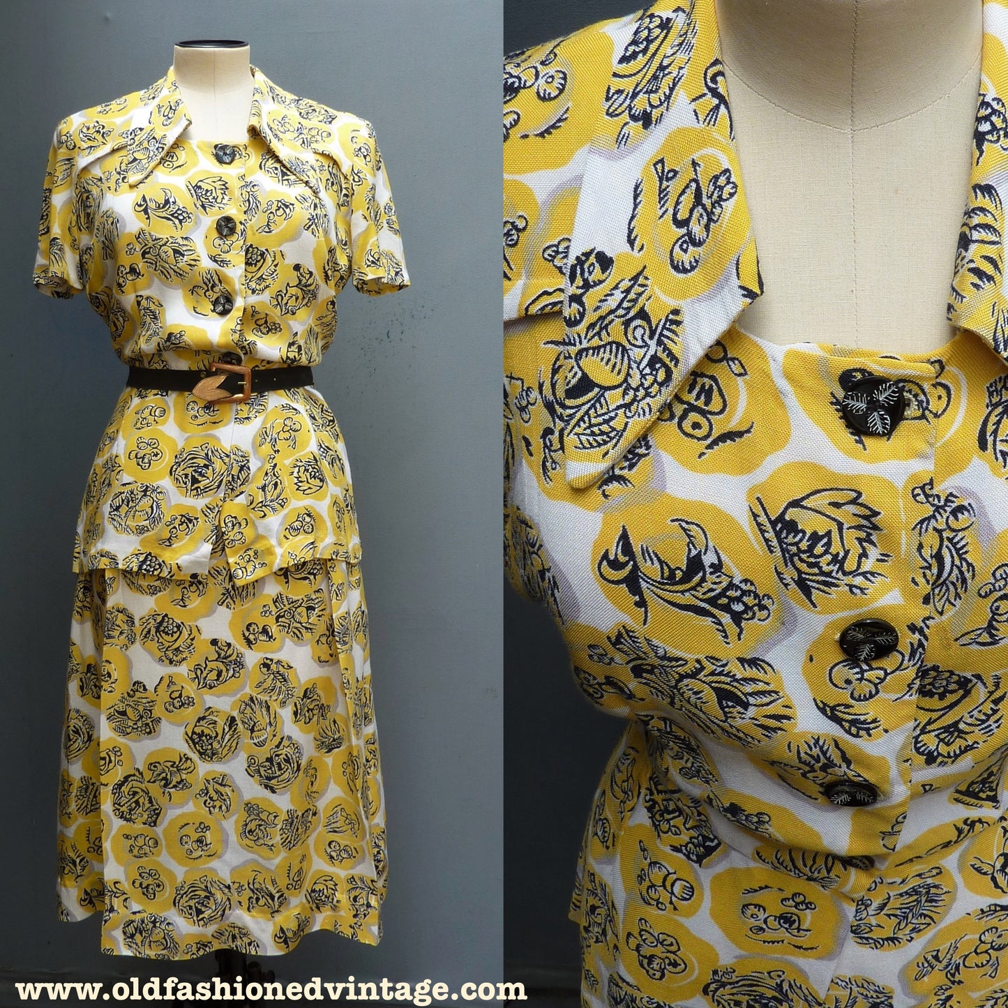 Original Vintage 1940s 2 Piece Top Skirt Bold Yellow Novelty Print UK S