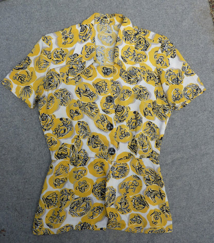 Original Vintage 1940s 2 Piece Top Skirt Bold Yellow Novelty Print UK S