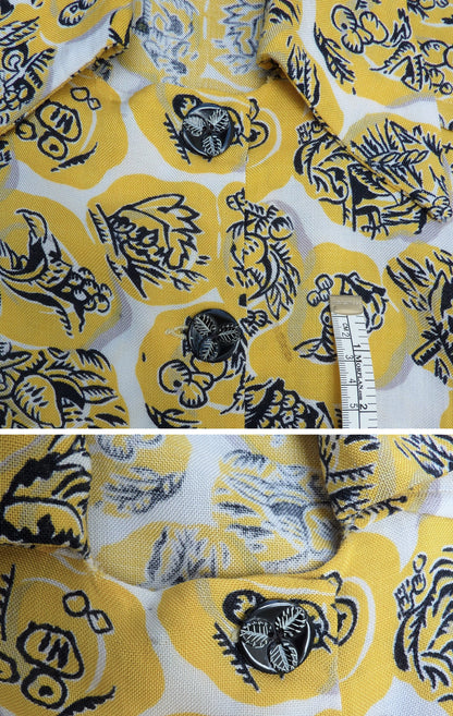 Original Vintage 1940s 2 Piece Top Skirt Bold Yellow Novelty Print UK S