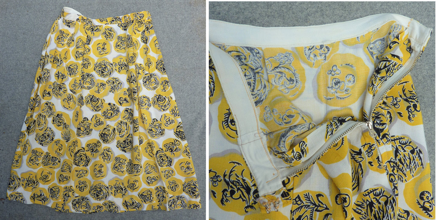 Original Vintage 1940s 2 Piece Top Skirt Bold Yellow Novelty Print UK S