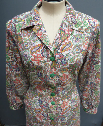 Vintage 1940s Overall Dress Cotton Novelty Paisley Print Coat UK M/L