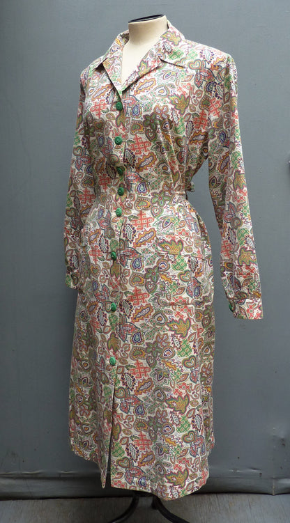 Vintage 1940s Overall Dress Cotton Novelty Paisley Print Coat UK M/L