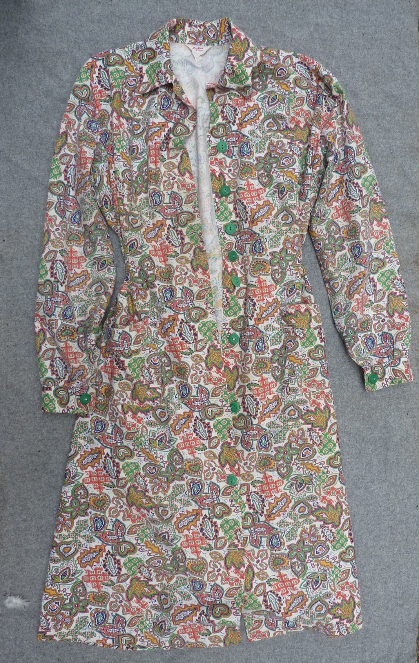 Vintage 1940s Overall Dress Cotton Novelty Paisley Print Coat UK M/L