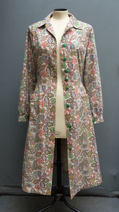 Vintage 1940s Overall Dress Cotton Novelty Paisley Print Coat UK M/L