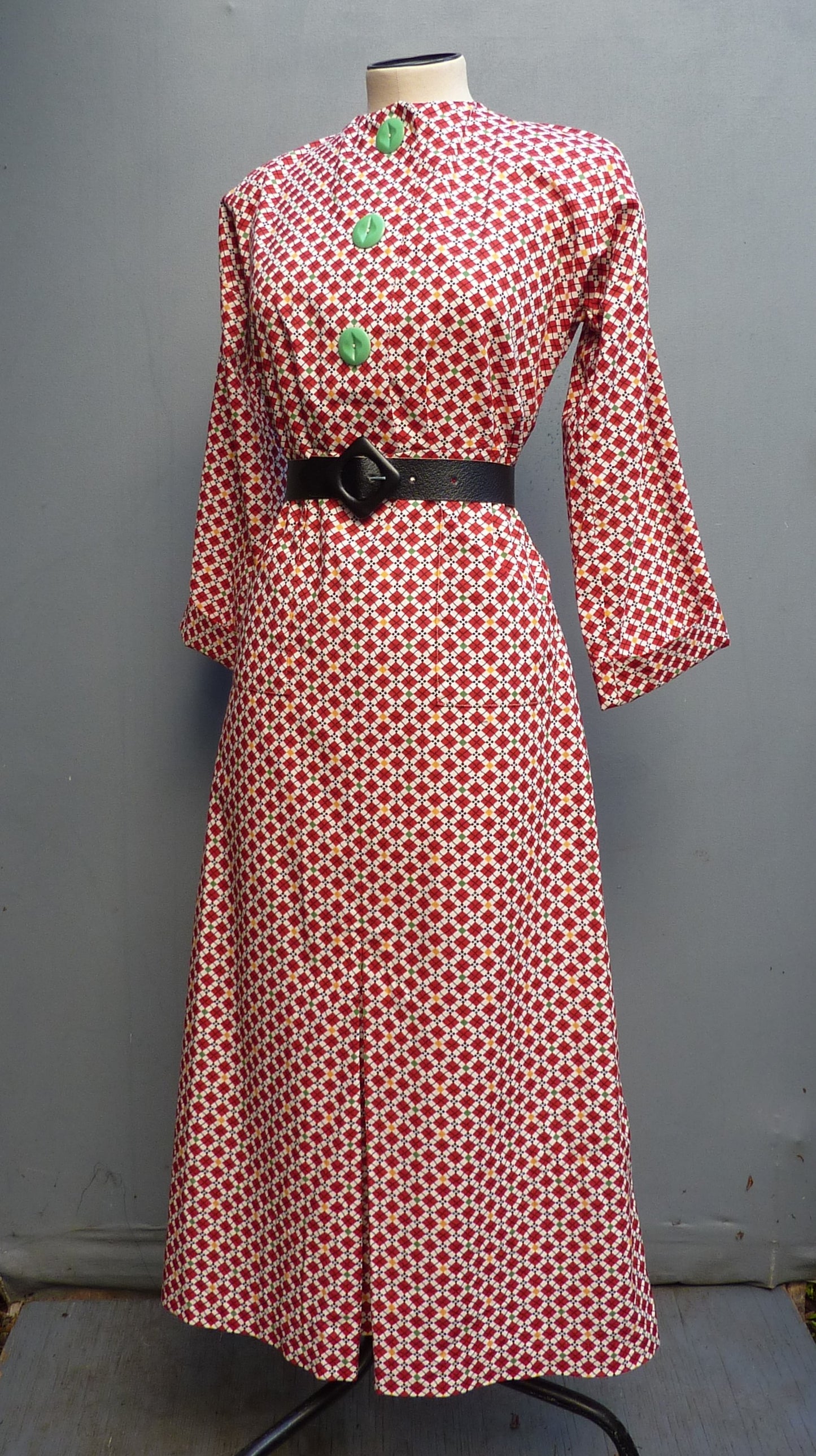 Vintage Reproduction 1930s Dress Printed Cotton Handmade From Original 30s Pattern UK XS