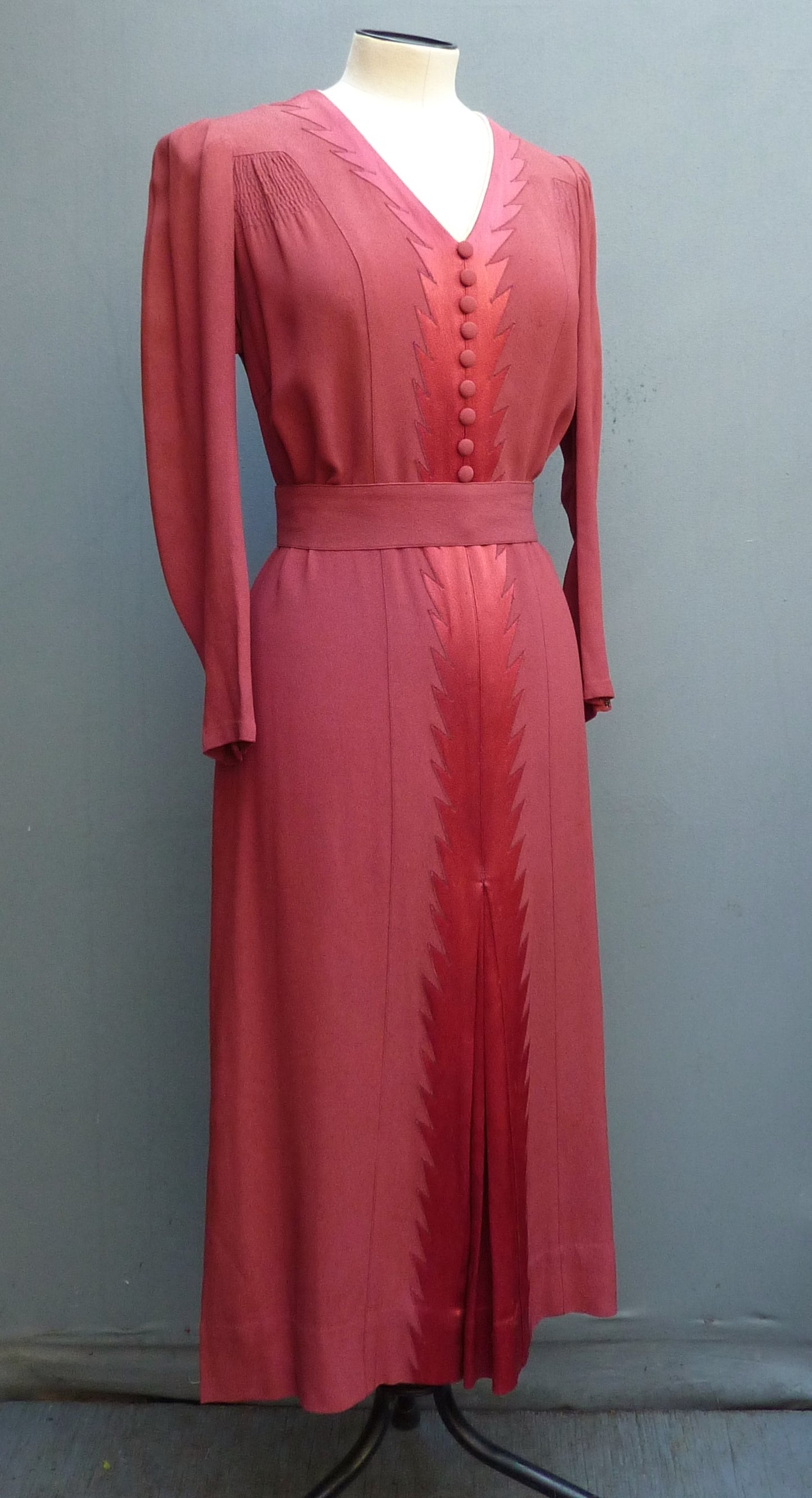 Original Vintage 1930s Handmade Dress Saw Tooth Flame Raspberry Red UK S/M