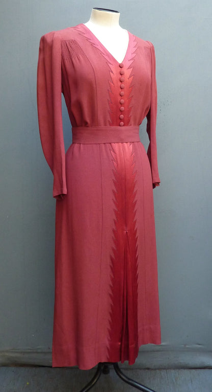 Original Vintage 1930s Handmade Dress Saw Tooth Flame Raspberry Red UK S/M