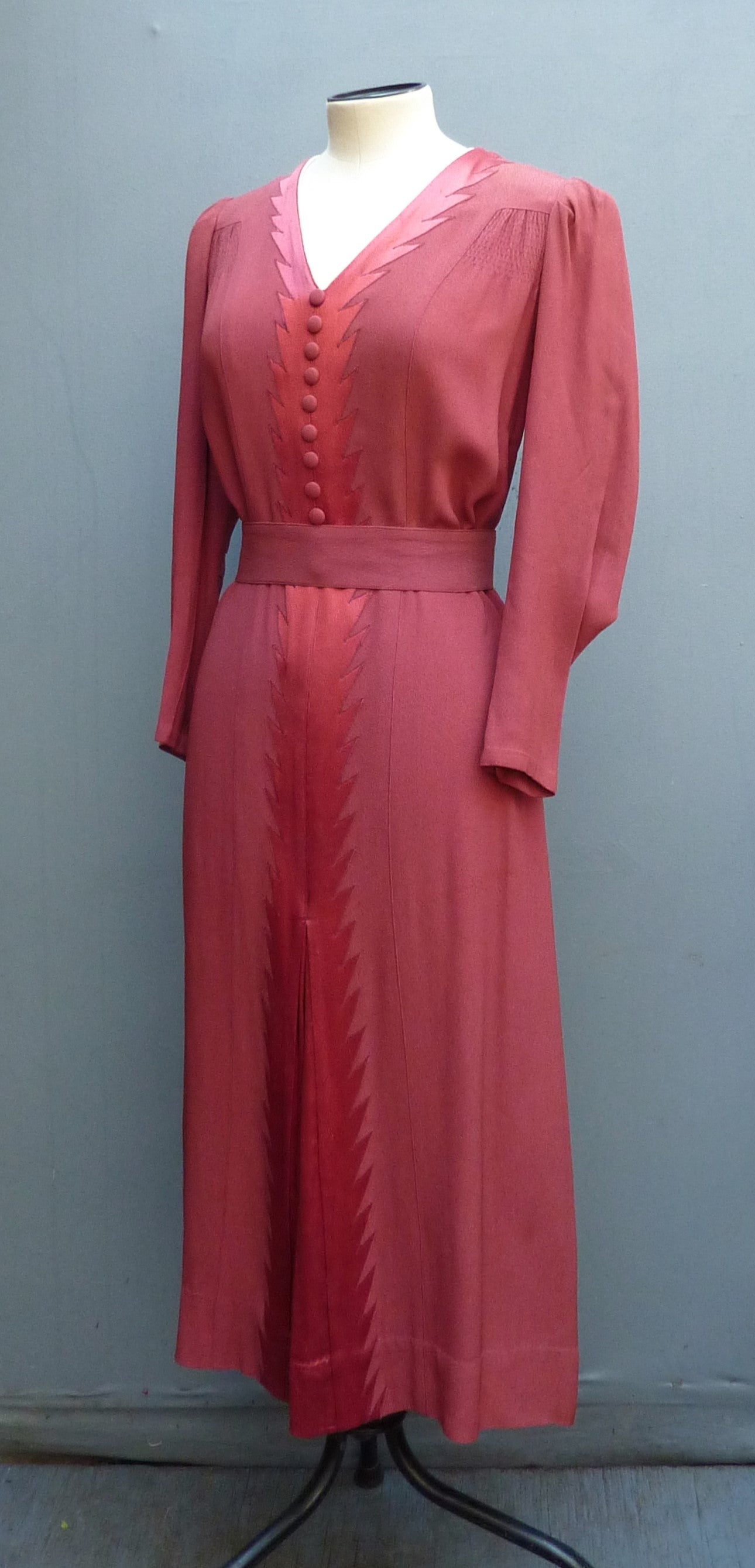 Original Vintage 1930s Handmade Dress Saw Tooth Flame Raspberry Red UK S/M