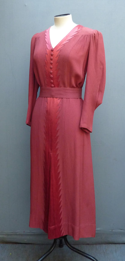 Original Vintage 1930s Handmade Dress Saw Tooth Flame Raspberry Red UK S/M